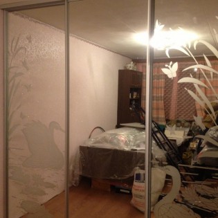 Двери-купе с пескоструйным рисунком на зеркале в квартире на пр. Ветеранов д.152 корп.4