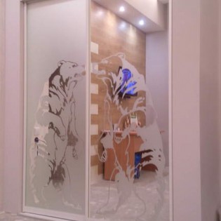 Двери-купе с пескоструйным рисунком на зеркале в частном доме в пос. Симагино