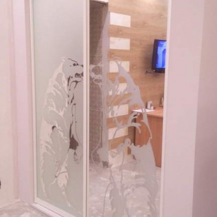 Двери-купе с пескоструйным рисунком на зеркале в частном доме в пос. Симагино