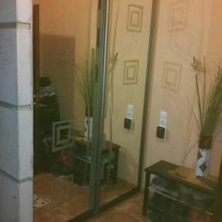 Двери-купе с наполнением из зеркал с пескоструйным рисунком в квартире на Богатырском пр. (1-й проём)