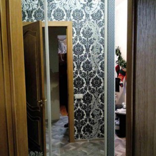 Двери-купе с наполнением из зеркала с пескоструйным рисункам в квартире на ул. Жуковского