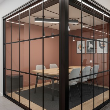 Интерьерная перегородка угловой конструкции с подвижными дверями