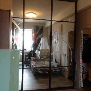 Двери-купе с пескоструйным рисунком на зеркале и разделителями в квартире в на Петерговском ш. д. 78 к.7