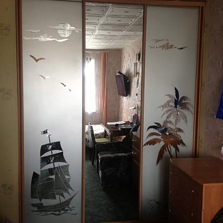 Двери-купе с зеркалом и пескоструйными рисунками по зеркалу в квартире на ул. Победы д.23 в Ломоносове.