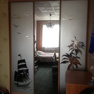 Двери-купе с зеркалом и пескоструйными рисунками по зеркалу в квартире на ул. Победы д.23 в Ломоносове.