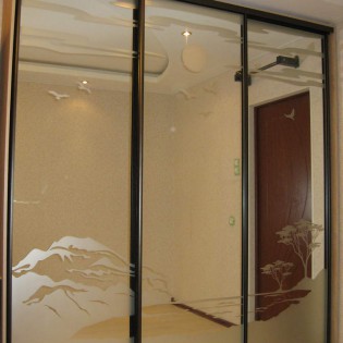 Двери-купе с пескоструйным рисунком на зеркале на ул. Антонова-Овсеенко