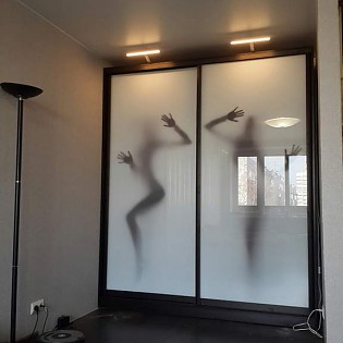 Двери-купе с наполнением из стекла с фотопечатью в квартире на пр. Славы.