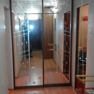 Двери-купе с наполнением из зеркала с пескоструйным рисунком (основа зеркальная рисунок матовый, эскиз "Кот у ворот") в квартире на Гражданском пр.