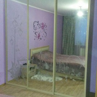 Двери-купе с наполнением из зеркала с пескоструйным рисунком в квартире на Кондратьевском пр.