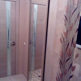 Откатная дверь-перегородка в квартире на Русановской ул. Профиль - KR200 Дуб беленый текстурный, направляющие матовое золото. Пескоструйный рисунок  "Камыши": фон зеркало, рисунок матовый по зеркалу
