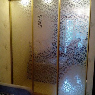 Двери-купе с пескоструйным рисунком по зеркалу (фон матовый рисунок зеркальный) в квартире на Меншиковском пр.