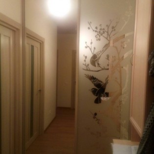 Двери-купе с наполнением из зеркала с пескоструйным рисунков в квартире на ул. Героев