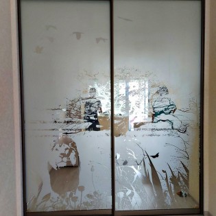 Двери-купе с пескоструйным рисунком на зеркале Бронза