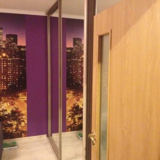 Широкие зеркальные двери-купе в нишу во всю длину стены в квартире на Богатырском пр.