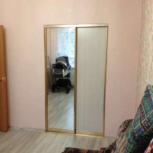 Двери-купе (зеркало и ДСП) в квартире на ул. Бабушкина. Цвет профиля - Золото глянец.