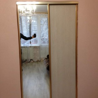 Двери-купе (зеркало и ДСП) в квартире на ул. Бабушкина. Цвет профиля - Золото глянец.