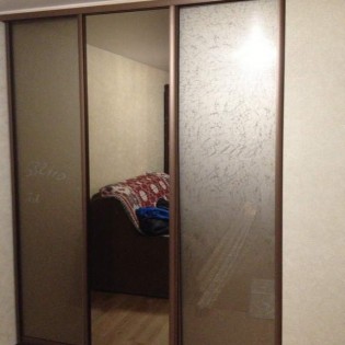 Двери-купе с пескоструйным рисунком на зеркале Бронза в квартире на Петергофском ш. Цвет профиля - Ром зернистый.