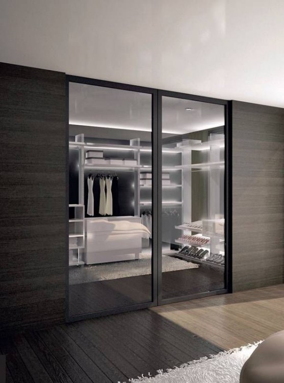 Двери-купе для гардеробной комнаты с прозрачными стёклами